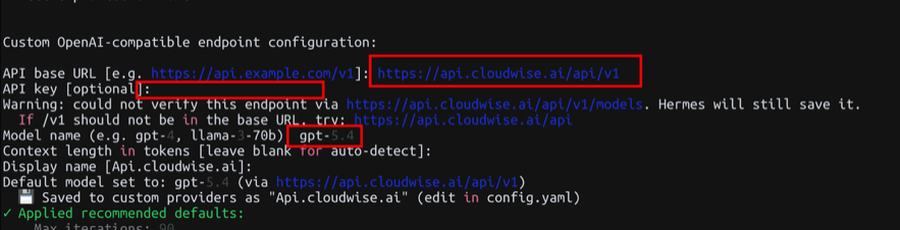 Hermes Agent configuration - Custom OpenAI-compatible endpoint