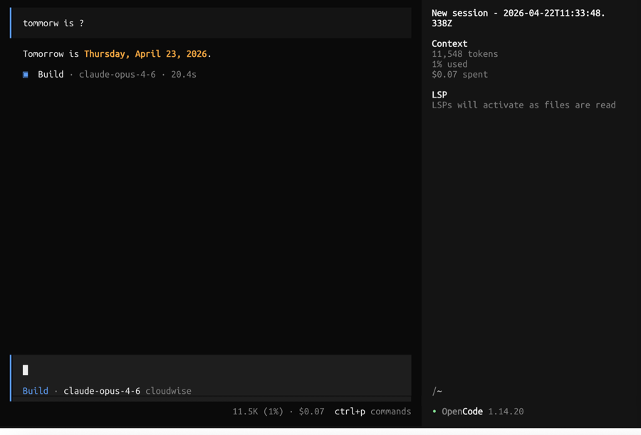 OpenCode chat with claude-opus-4-6 via Cloudwise