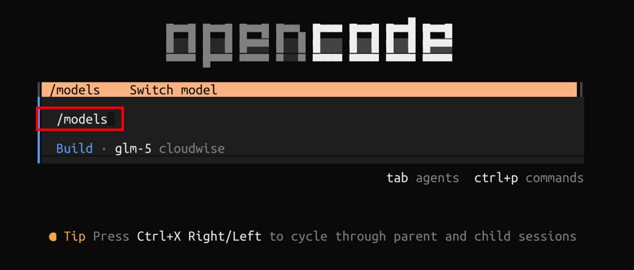 OpenCode /models command