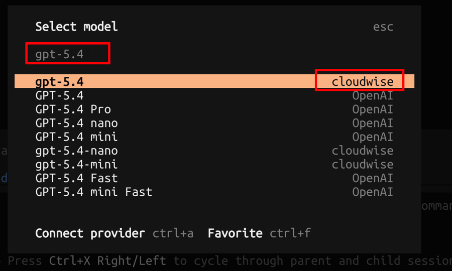 OpenCode Select Model - cloudwise provider